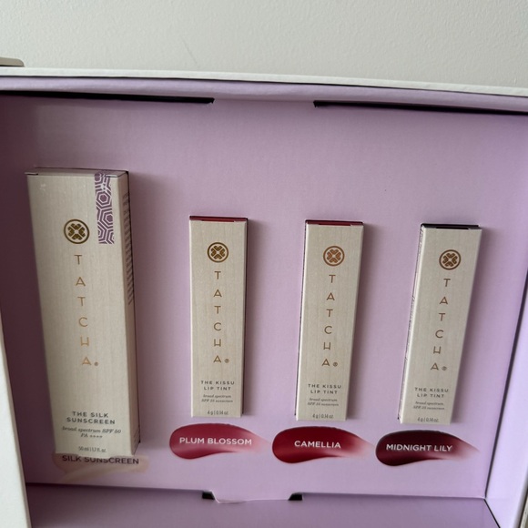 Tatcha Other - NIB Tatcha SET - 3 Kissu spf lip tints and 1 Silk Sunscreen spf 50 50ml
